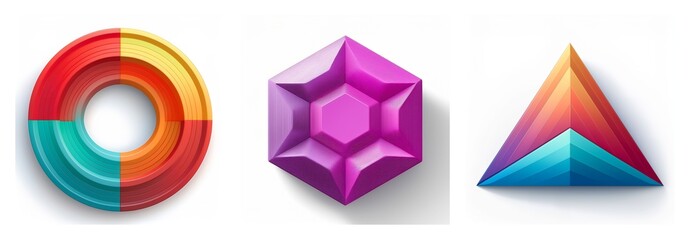 Colorful shapes isolated on white background. A segmented circle, a hexagon jewel, and a triangle are displayed with vibrant gradients.