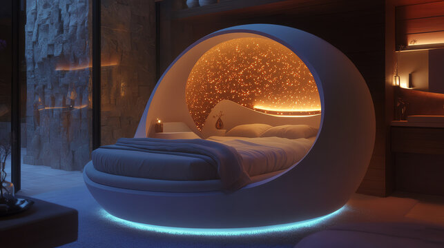 Futuristic pod bed with ambient lighting in modern luxury interior.