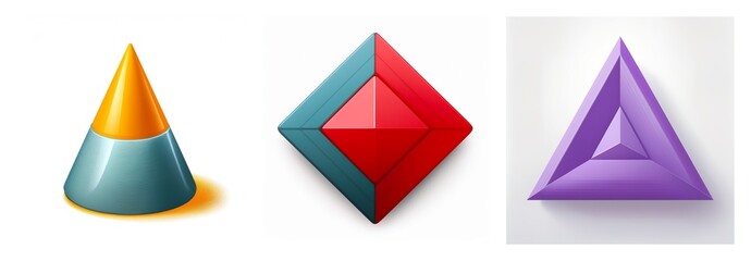 Three distinct 3D shapes: a cone, a diamond, and a triangle, each with unique colors and shading, isolated on a white backdrop. Shapes.