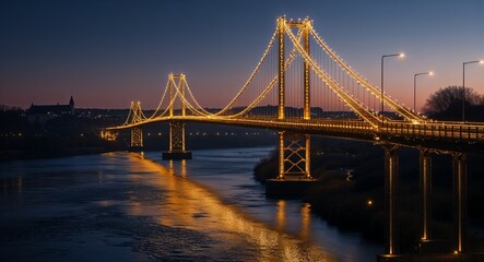 Obraz premium Golden Lights of a Suspension Bridge Spanning Across a Dark River