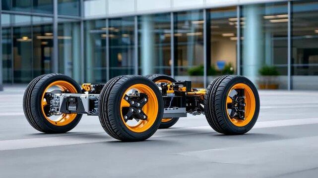 High-tech modular vehicle chassis on a sleek urban background