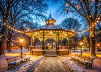 Obraz premium Festive Winter Pavilion: Christmas Lights in City Park at Night