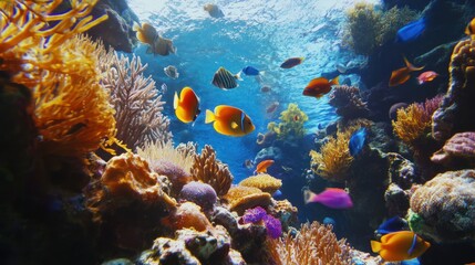 Fototapeta premium A vibrant underwater scene of colorful fish and coral reefs
