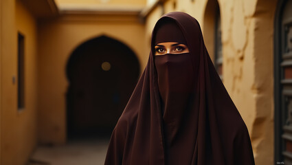 Mysterious Woman in Niqab Brown Elegant Islamic Fashion Portrait Photography Outdoors Middle Eastern Culture Traditional Clothing Arabian Style Dark  
