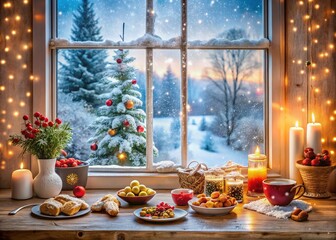 Festive Winter Window Clings & Food Photography: Soft Bokeh & Snowfall