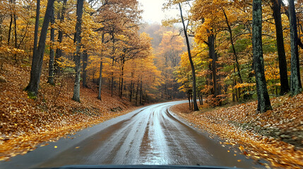 Fototapeta premium A scenic drive through a mountain road lined with golden trees, captured from the perspective of a car dashboard