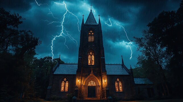 Gothic church under stormy night