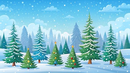 Fototapeta premium Festive Winter Wonderland: Colorful Pine & Fir Trees in Snowy Woods - Christmas Card Background
