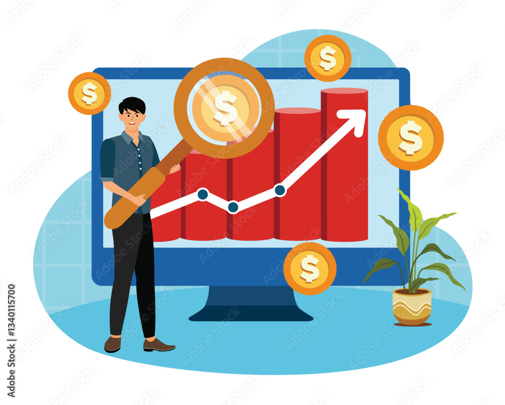 Sticker sales index concept. man analysis and financial indicators.