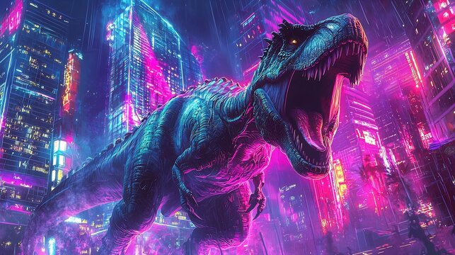 Highly detailed T rex roaring in a neon cyberpunk city perfect for digital wallpaper
