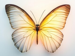 Ethereal Monarch Butterfly in Graceful Flight Against Pure White Background with Delicate Wing Details and Natural Light