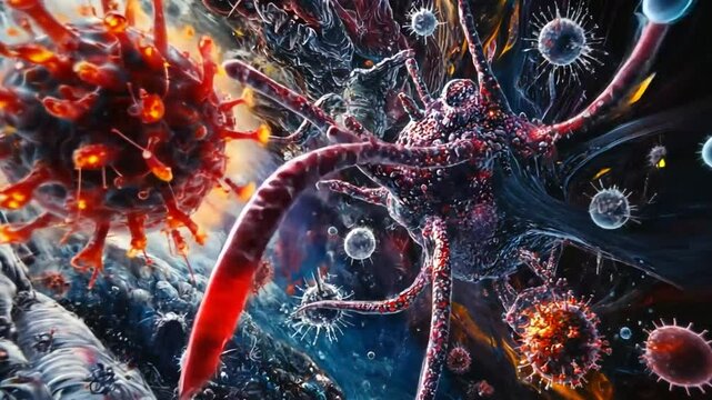 Microscopic View of Deadly Virus and Cancer Cells Illustration - Medical Concept