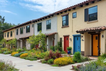 Obraz premium Compact row of homes with plaster exteriors, colorful doors, and vibrant gardens at the front
