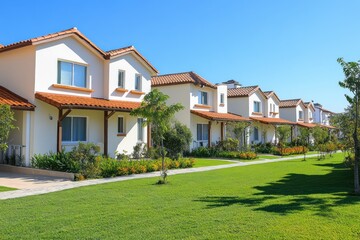 Fototapeta premium Compact row of house with light plaster walls, clay tile roofs, and bright green lawns