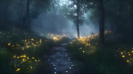 Fototapeta premium A serene forest trail illuminated by the soft light of dawn, with golden leaves glowing in the morning mist