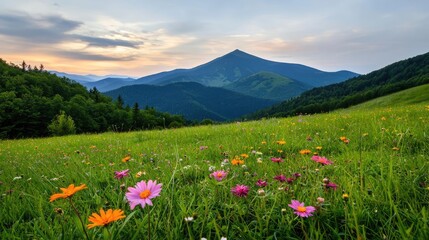 Macro flowers landscapes idea. A vibrant meadow filled with colorful wildflowers against a backdrop of majestic mountains.