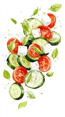 A Watercolor Painting of a Mediterranean Salad with Feta Cheese and Basil