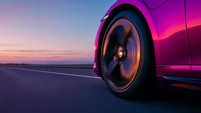 Dynamic close-up of a vibrant car wheel against a colorful sunset backdrop