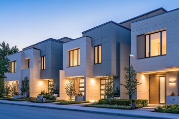 Contemporary row house with a sleek, minimalist aesthetic, alternating beige and gray facades, and soft lighting accents