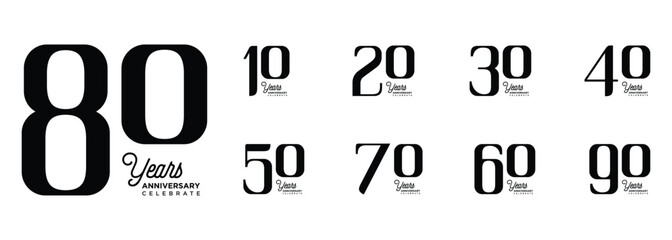 Collection of 8th to 98th anniversary logo designs with black numbers on a white background for celebration events, congratulations, invitations