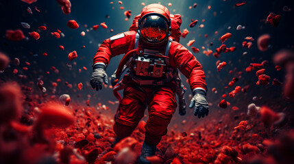 Fototapeta premium A man in a space suit floating in the vastness of space representing human exploration and adventure beyond earth in the cosmos.