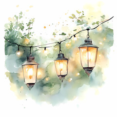 Garden Lanterns: A charming watercolor illustration showcases a string of vintage lanterns, softly illuminated against a backdrop of lush greenery and sparkling string lights.