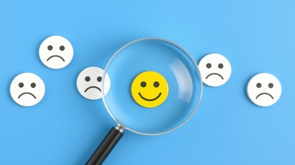 Magnifying Glass Highlighting Happy Face Among Sad Faces