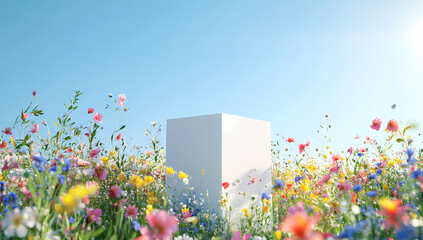 Product Showcase in Floral Paradise: A minimalist white cube stands as a display platform amidst a vibrant meadow of wildflowers, set against a clear blue sky, a perfect blend of nature and design.
