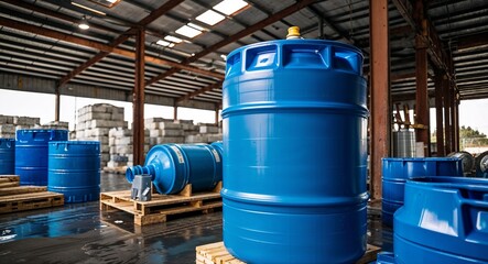 Large Blue Plastic Drums Used for Construction Water Storage