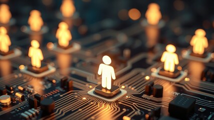Digital Network with Human Figures on Circuit Board Background