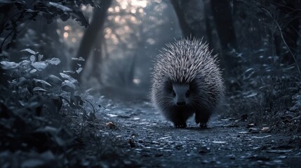 Obraz premium A small hedgehog walks along a path in a forest setting