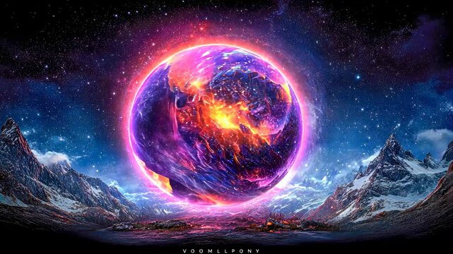 A vibrant cosmic landscape featuring a glowing orb in a breathtaking mountain scene