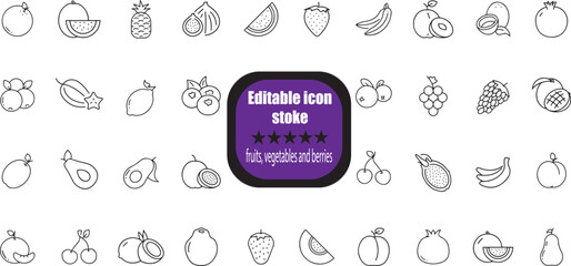  outline icons related to fruits, vegetables and berries. Linear icon collection. Editable stroke.