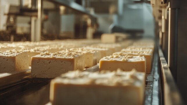 Cheese blocks are moving on a production line in a facility