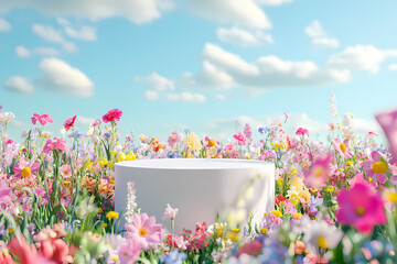 Floral Display: A minimalist podium stands surrounded by a vibrant tapestry of colorful flowers beneath a clear, bright sky, symbolizing growth and freshness.