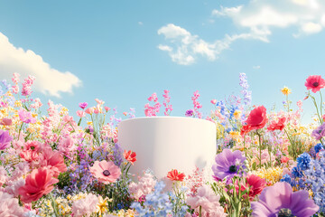 Springtime Podium: A minimalist podium stands amidst a vibrant tapestry of blooming flowers under a bright, sunny sky, creating a serene and inviting scene.