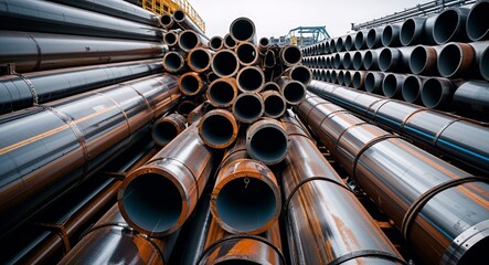 Obraz premium Massive Steel Pipes Arranged in Parallel Rows for Transport