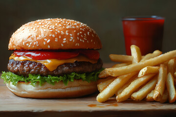Beef burger stacked with cheese, bacon, and fresh vegetables, captured in a restaurant setting, showcasing a delicious meal composition.	