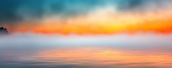 Obraz premium Lakeside sunset landscapes concept. A serene landscape featuring a tranquil water surface with colorful sunrise hues.