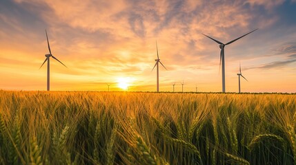 Panoramic View of Wind Turbines Against Sunset Sky with Wheat Field in Foreground