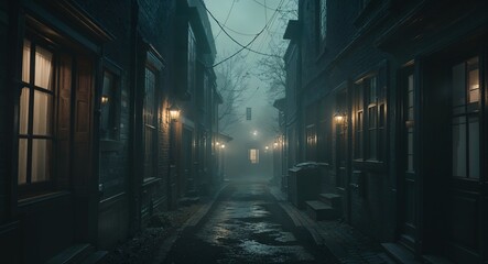 Mysterious Alleyway with Dimly Lit Windows and a Foggy Atmosphere