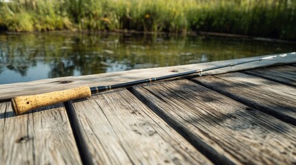 Fototapeta premium A fishing pole resting on a wooden pier near a water body