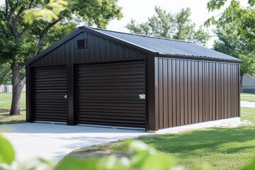 Fototapeta premium Functional storage building with ribbed steel panels, dark trim, and a sleek industrial appearance