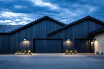 Obraz premium Functional warehouse design with dark steel siding, sharp roof edges, and clean concrete surroundings