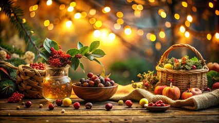 Fototapeta premium Festive Holiday Still Life with Berries and Lights
