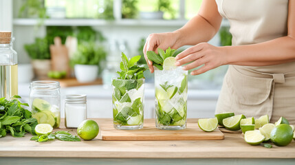 Close-up of woman hands preparing two refreshing summer alcoholic cocktail mojito with ice, lime and fresh mint leaves against kitchen background. Making drink at home.