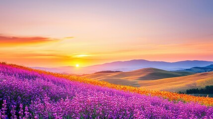 Obraz premium Macro flowers landscapes idea. A breathtaking sunset over a vibrant lavender field under a colorful sky.