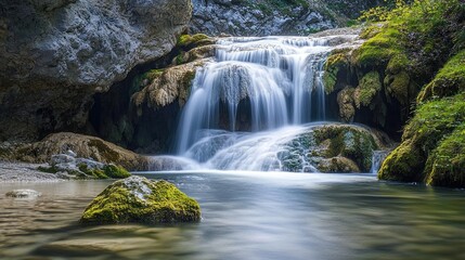 Waterfall landscape concept. A serene waterfall cascading into a tranquil pool, surrounded by lush greenery.