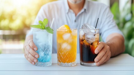 Close-up of man hand holding three glass with refreshing summer alcoholic cocktails with ice, rum, blue liqueur and orange slice at the table indoors.