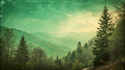 A scenic view of a mountain range with evergreen trees and a winding road,